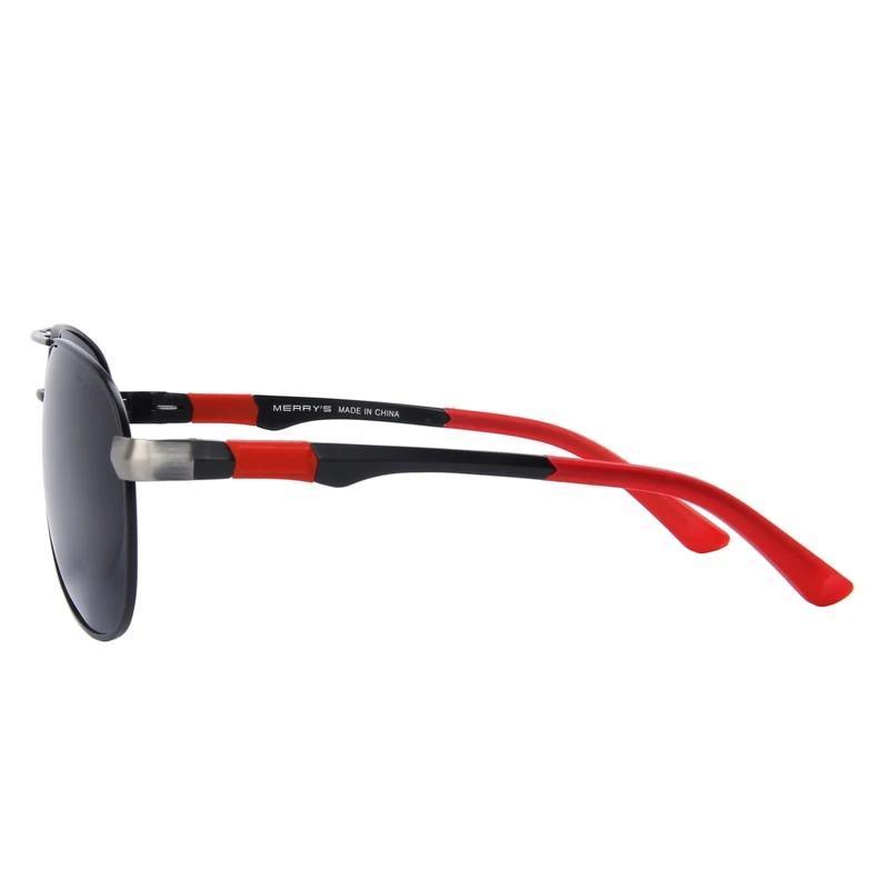 Side view of classic pilot HD polarized sunglasses with a sleek aluminum frame and bold red accents, perfect for driving.