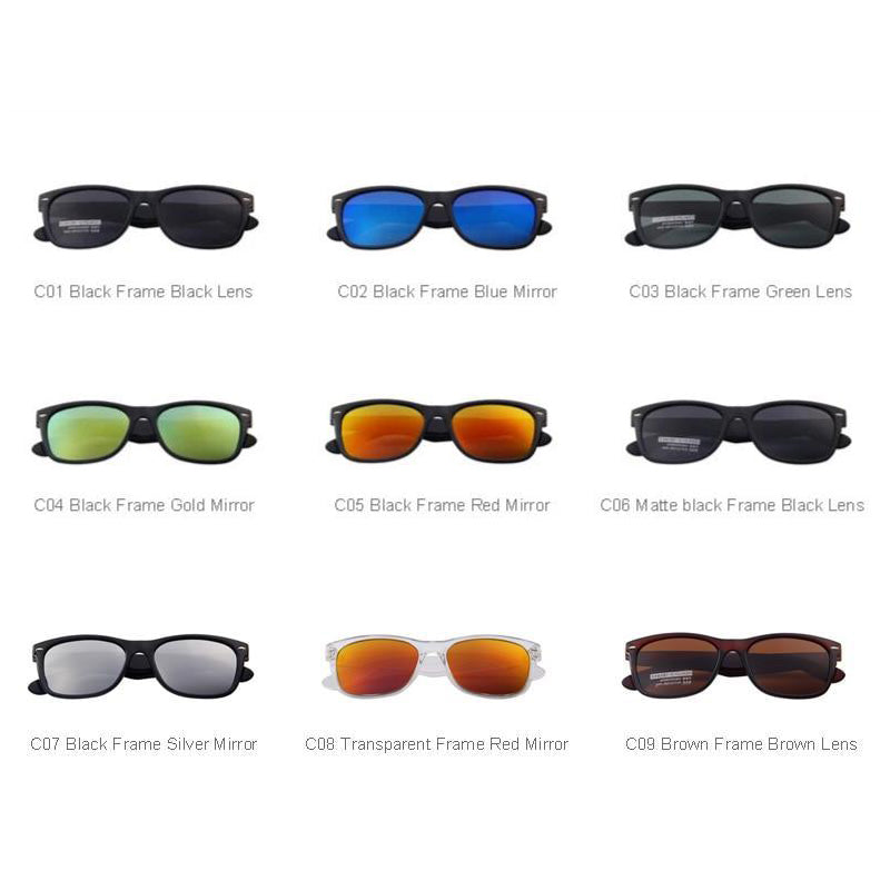 Collection of polarized sunglasses in various frame colors and lens styles, showcasing retro designs and UV protection.