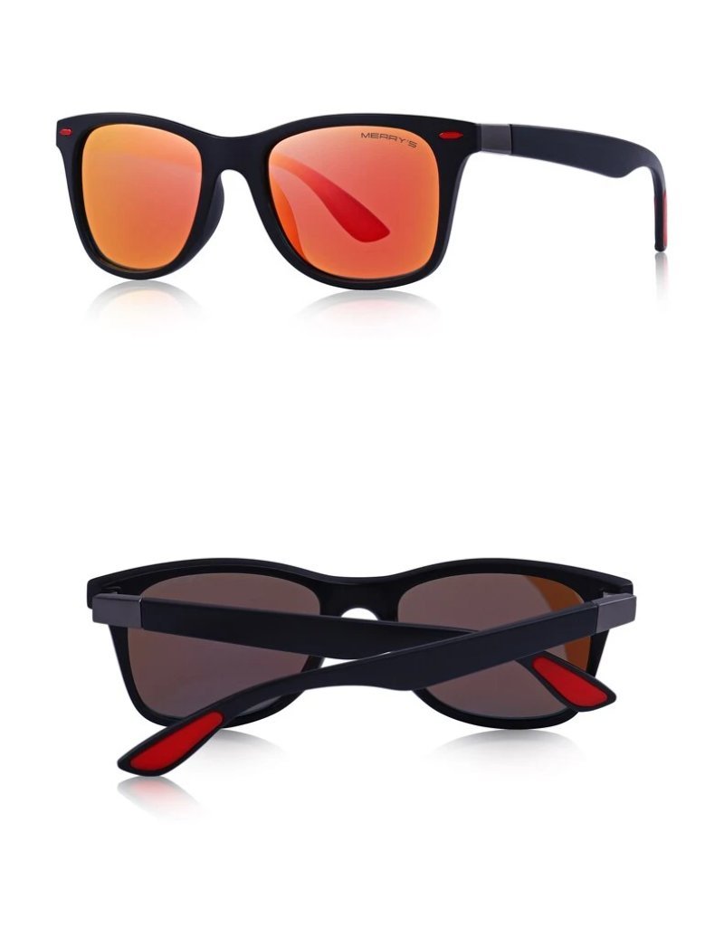 Lightweight polarized square sunglasses with red mirrored lenses, stylish and offering 100% UV protection.