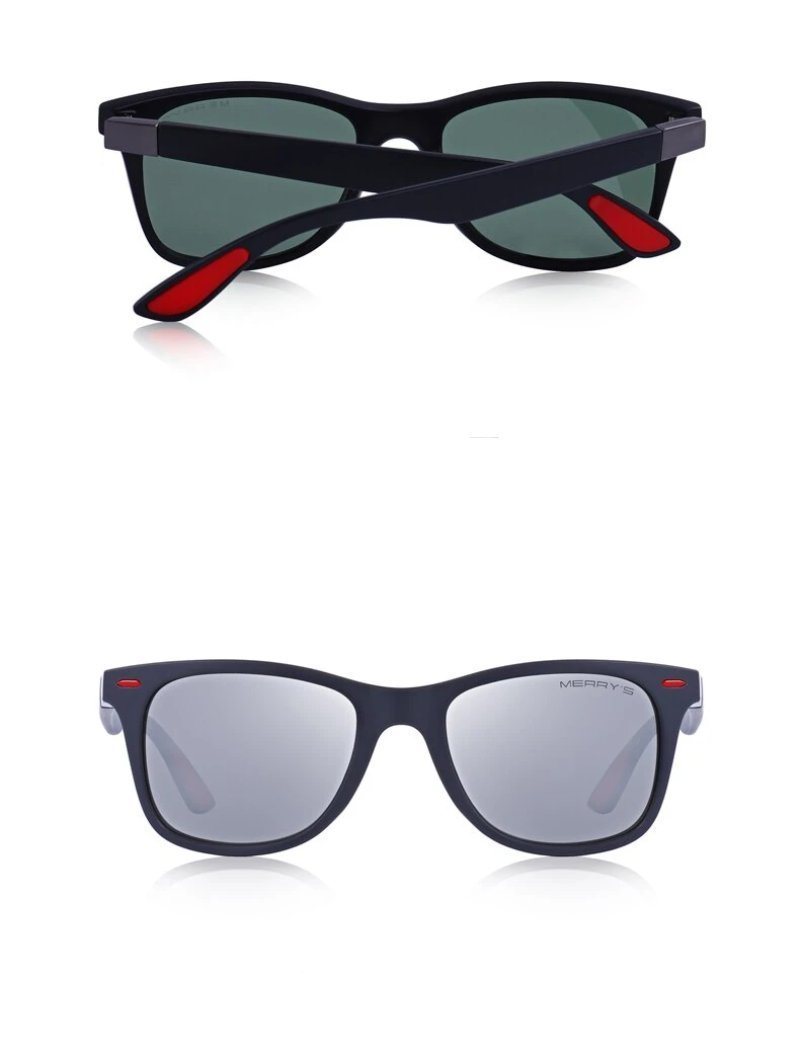 Lightweight polarized sunglasses with square frame, UV protection, in rock style with red accents.