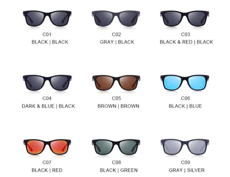 Variety of lightweight polarized sunglasses in different colors and styles, featuring square frames for UV protection.