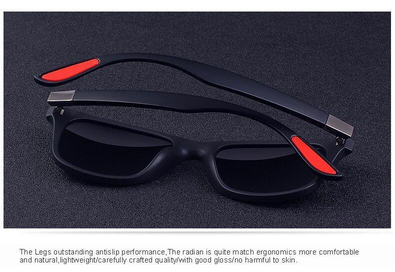 Lightweight polarized sunglasses with square frame, 100% UV protection, and stylish red accents.