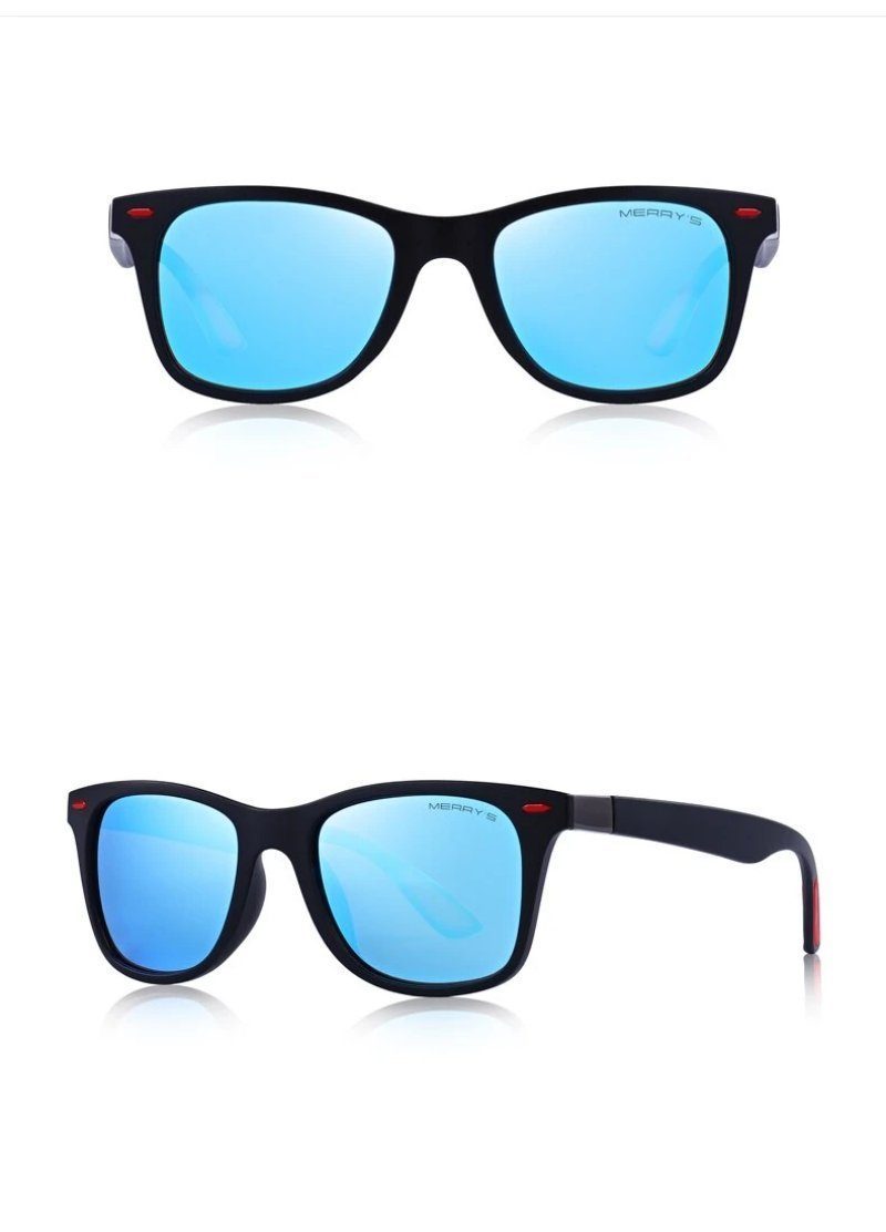 Lightweight polarized sunglasses with square frame, blue lenses, and 100% UV protection for a stylish rock look.