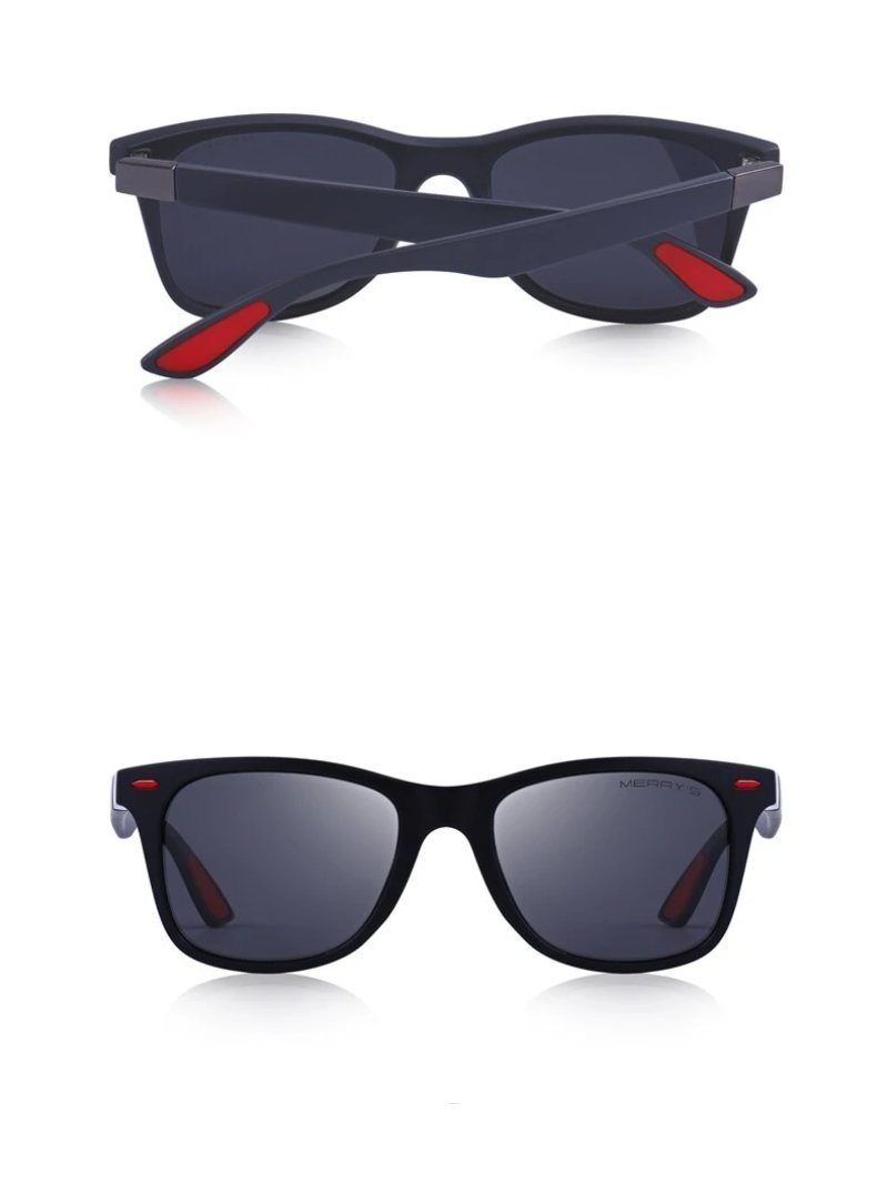 Lightweight polarized square frame sunglasses with 100% UV protection, showing front and back views.