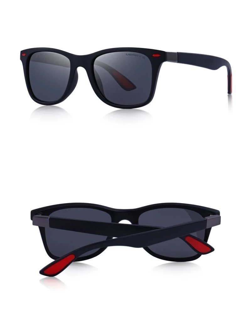 Lightweight polarized square frame sunglasses with UV protection, featuring a stylish black design and red accents.