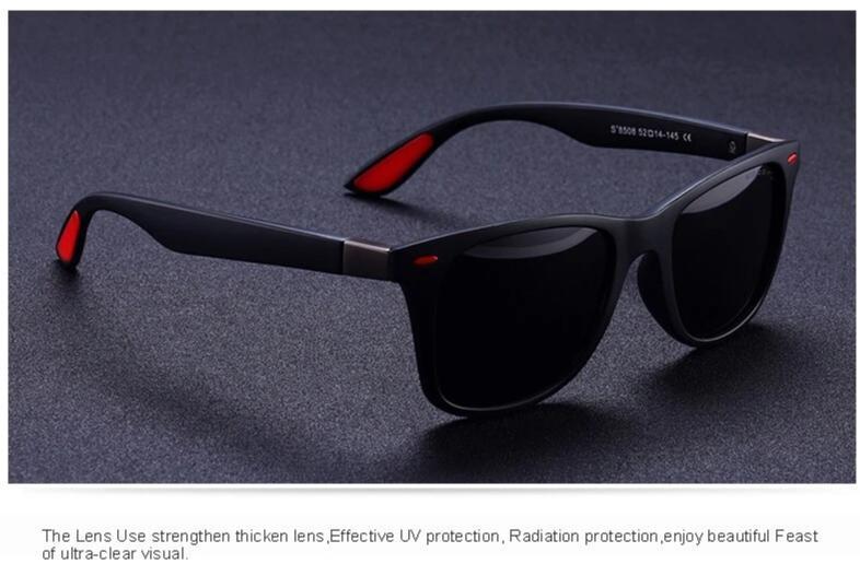 Lightweight square frame polarized sunglasses with 100% UV protection, perfect for a casual rock look.