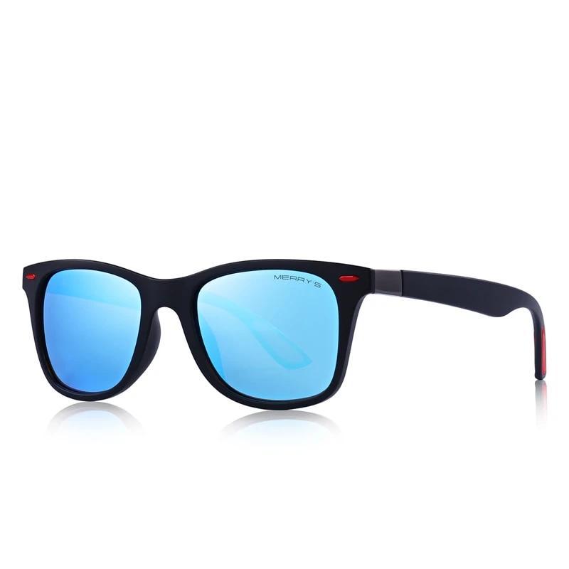 Lightweight polarized square frame sunglasses with blue lenses and 100% UV protection, perfect for a casual rock look.