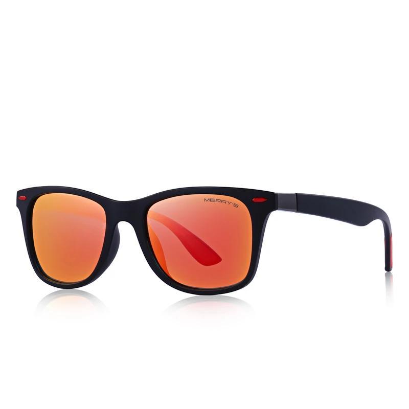 Lightweight polarized sunglasses with square frame and 100% UV protection, perfect for a casual rock look.