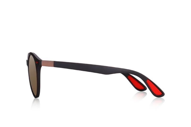 Stylish UV400 polarized sunglasses with retro oval frame and TR90 legs featuring a sleek design in black and red.