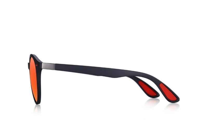 Side view of UV400 retro polarized sunglasses with TR90 legs and vibrant orange lenses.