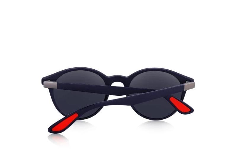 Classic retro oval frame polarized sunglasses with UV400 protection and TR90 legs, featuring stylish red accents.