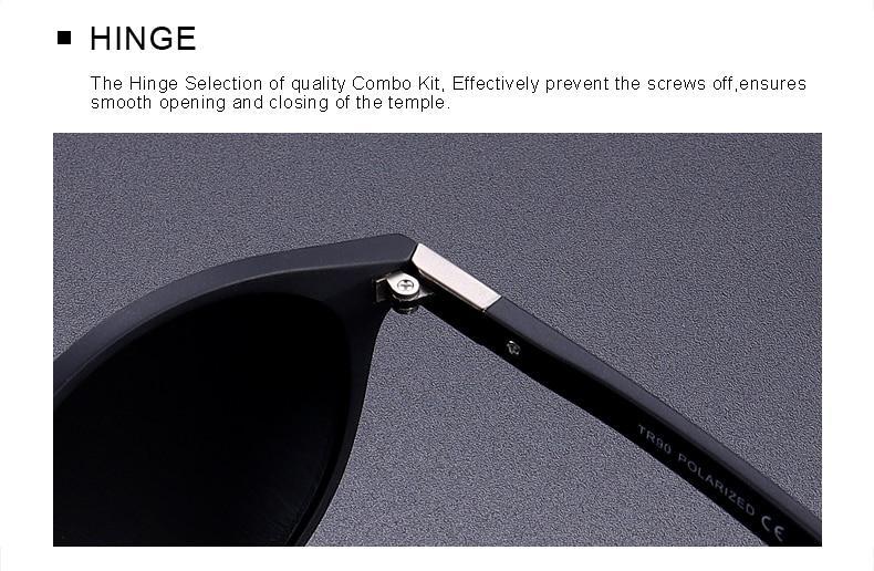 Close-up of hinge detail on polarized sunglasses, highlighting strong construction for smooth opening and closing.