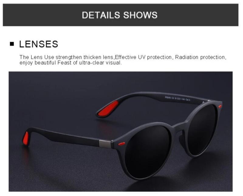 UV400 polarized oval-frame sunglasses showcasing thick lenses for effective UV and radiation protection.