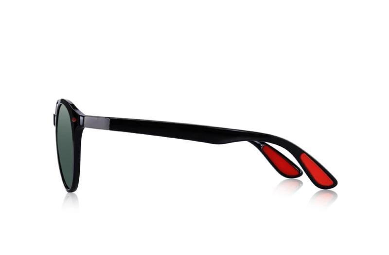Side view of UV400 classic retro polarized sunglasses with TR90 legs in black and red color.