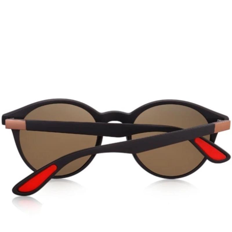 Classic retro oval-frame polarized sunglasses with UV400 protection and TR90 legs in stylish black and red design.
