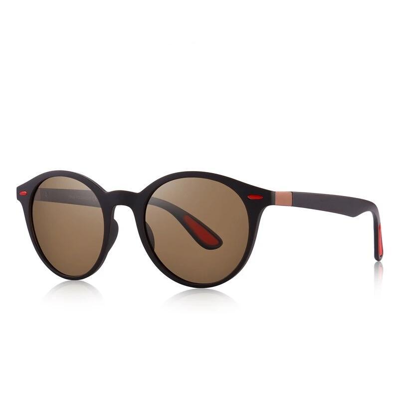 Classic retro oval-frame polarized sunglasses with UV400 protection and TR90 legs in black and red.
