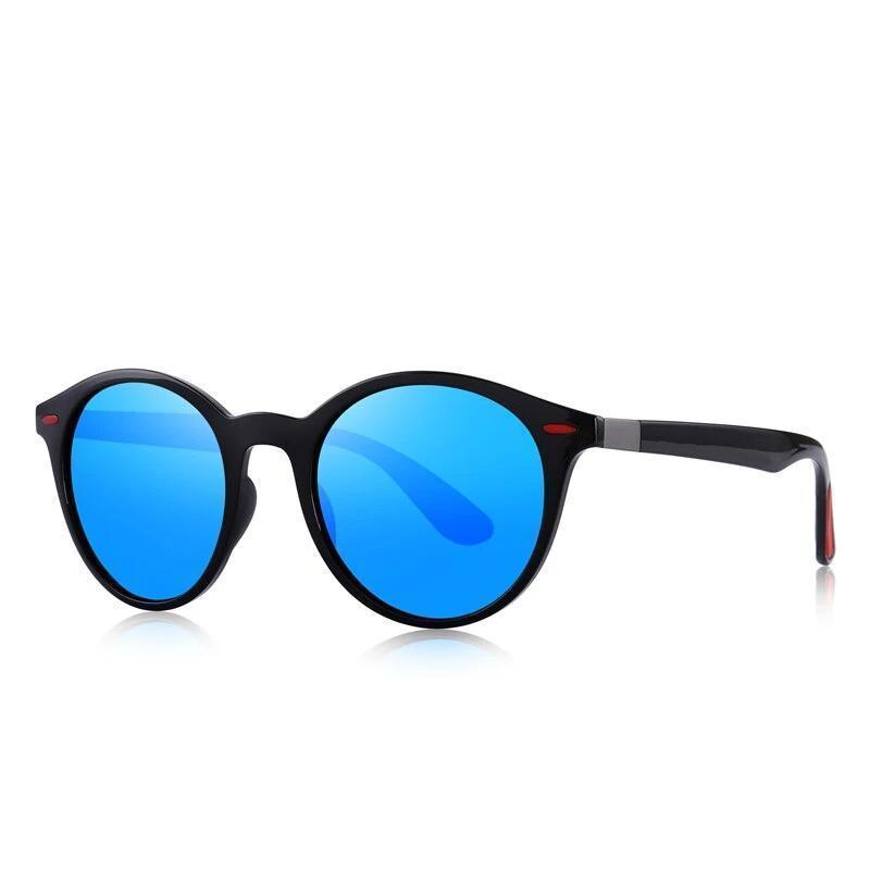Classic retro oval frame polarized sunglasses with blue lenses and TR90 legs, offering UV400 protection.