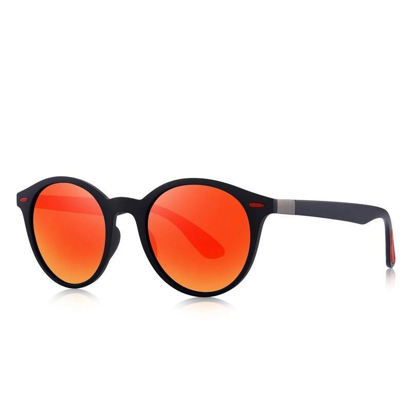 Retro polarized sunglasses with UV400 protection, oval frame design, and bold orange lenses for a trendy look.