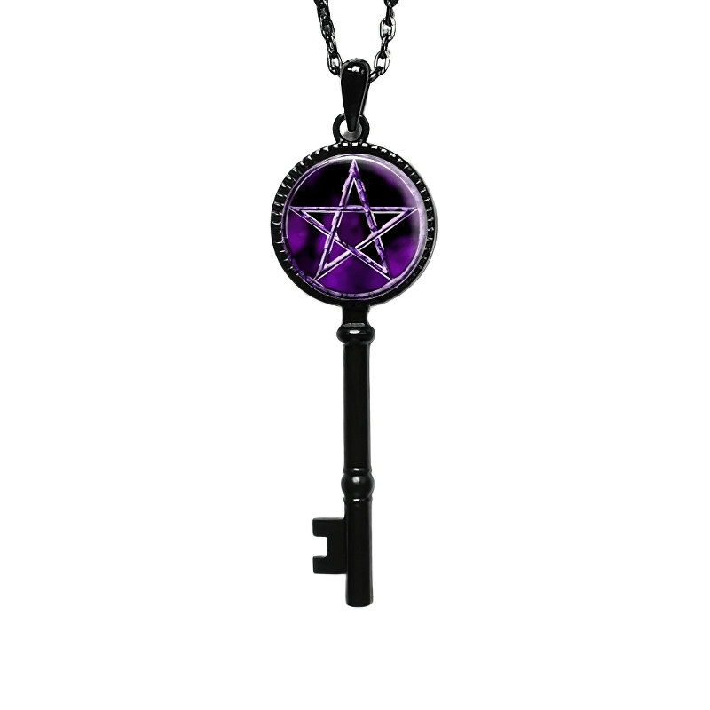 Classic unisex Solomon magic key necklace with purple pentagram, perfect gothic pagan jewelry for stylish outfits.