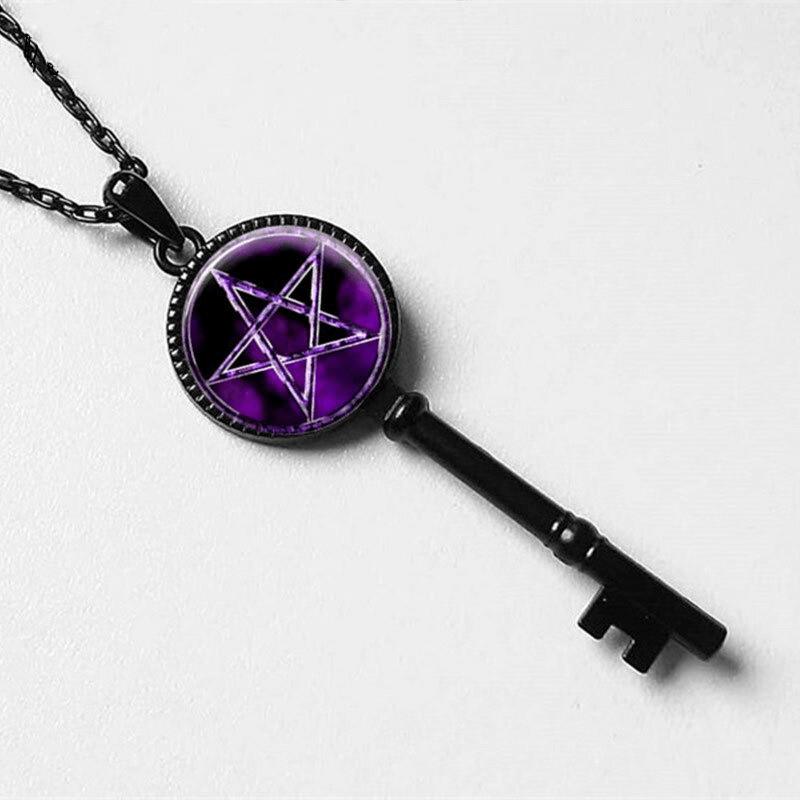 Unisex Solomon Magic Key Necklace with purple pentagram, perfect gothic accessory for unique style.