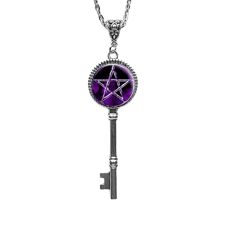 Unisex Solomon Magic Key Necklace with purple pentagram design, perfect for gothic and pagan fashion enthusiasts.