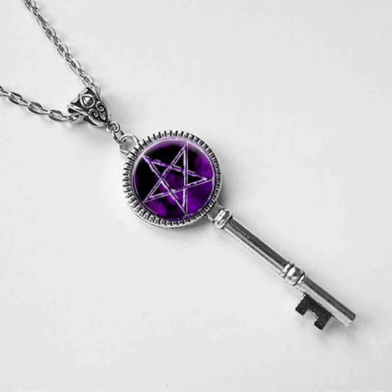Classic Solomon Magic Key Necklace with purple pentagram, unisex gothic pendant for trendy outfits.