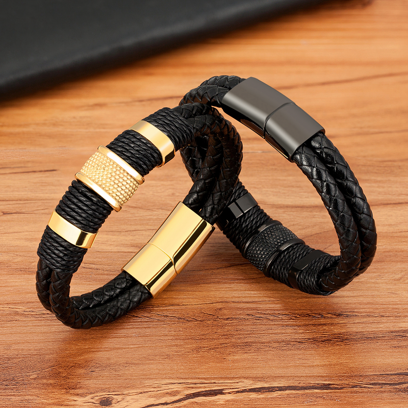 Classic black and gold stainless steel men's leather bracelets, perfect for stylish outfits.