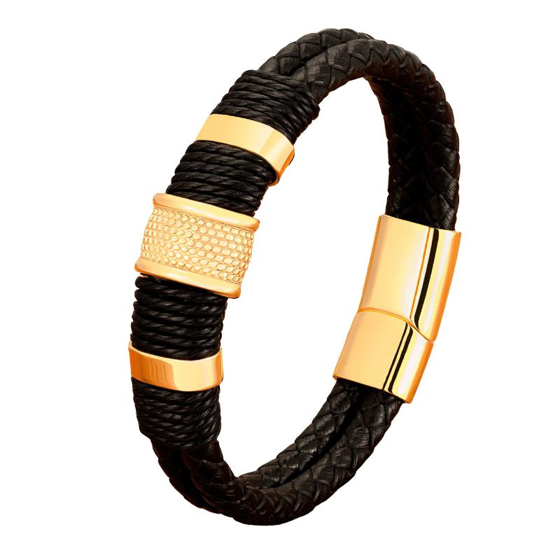 Classic stainless steel and black genuine leather men's bracelet with gold accents, perfect for stylish outfits.