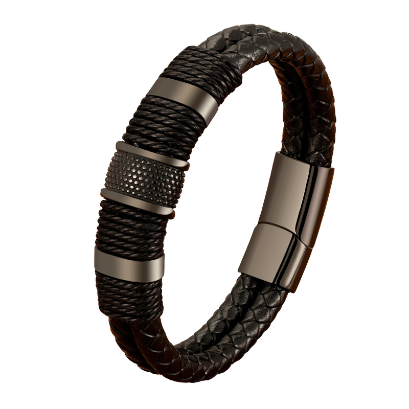 Classic stainless steel and genuine leather bracelet for men, featuring a stylish double-layer design in black.