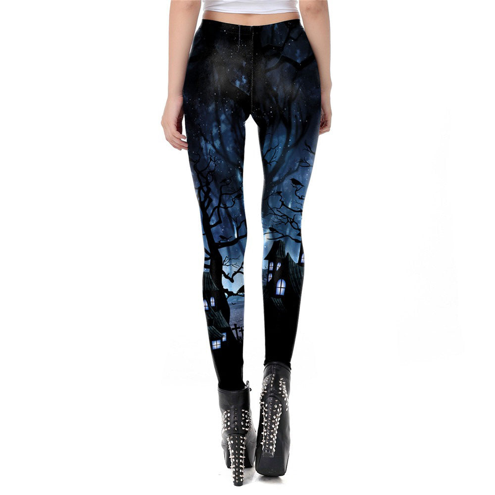 Women’s Halloween leggings with gothic style, featuring haunted trees and spooky windows, perfect for workouts and Halloween festivities.