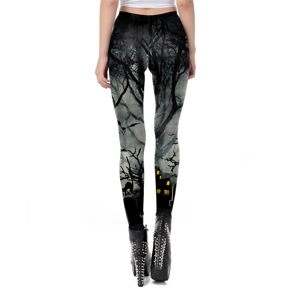 Gothic Halloween leggings for women featuring a spooky forest design, ankle length, perfect for autumn and rock outfits.