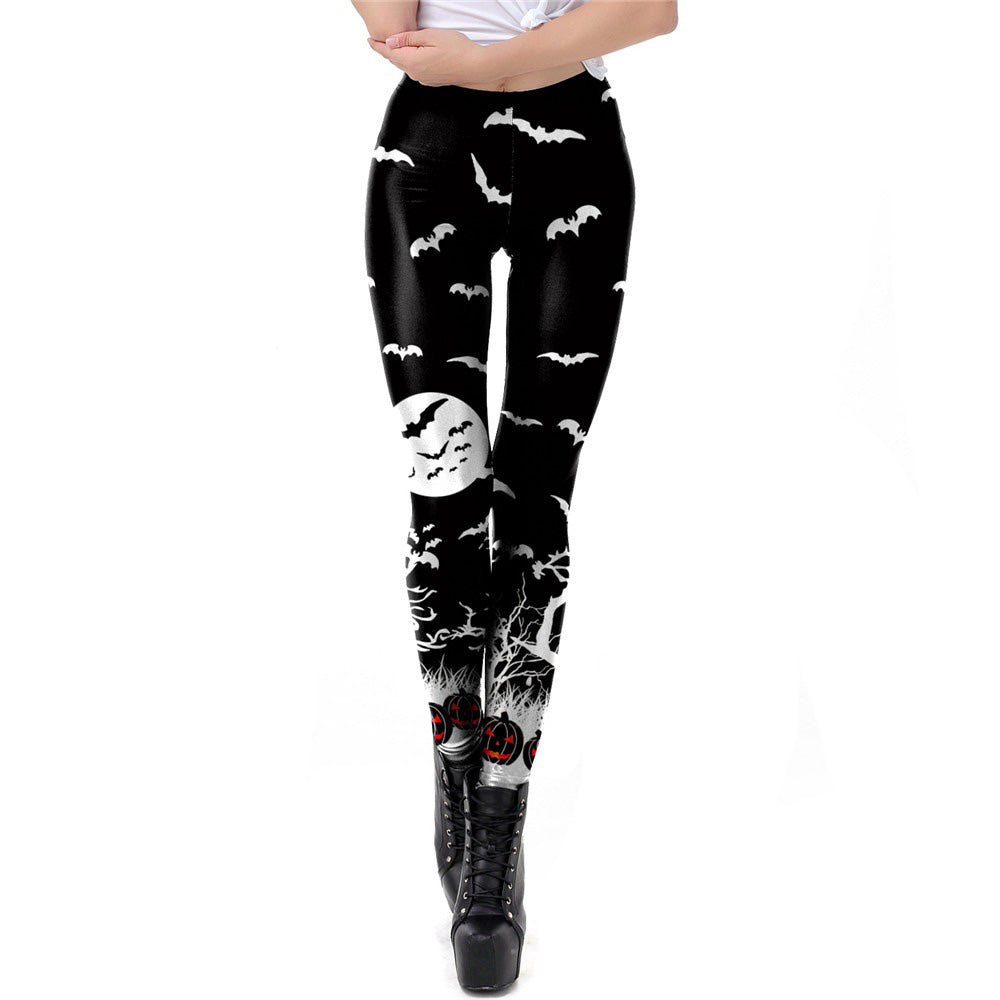 Women's Gothic Halloween leggings with bat and moon print, perfect for spooky season and stylish workouts.