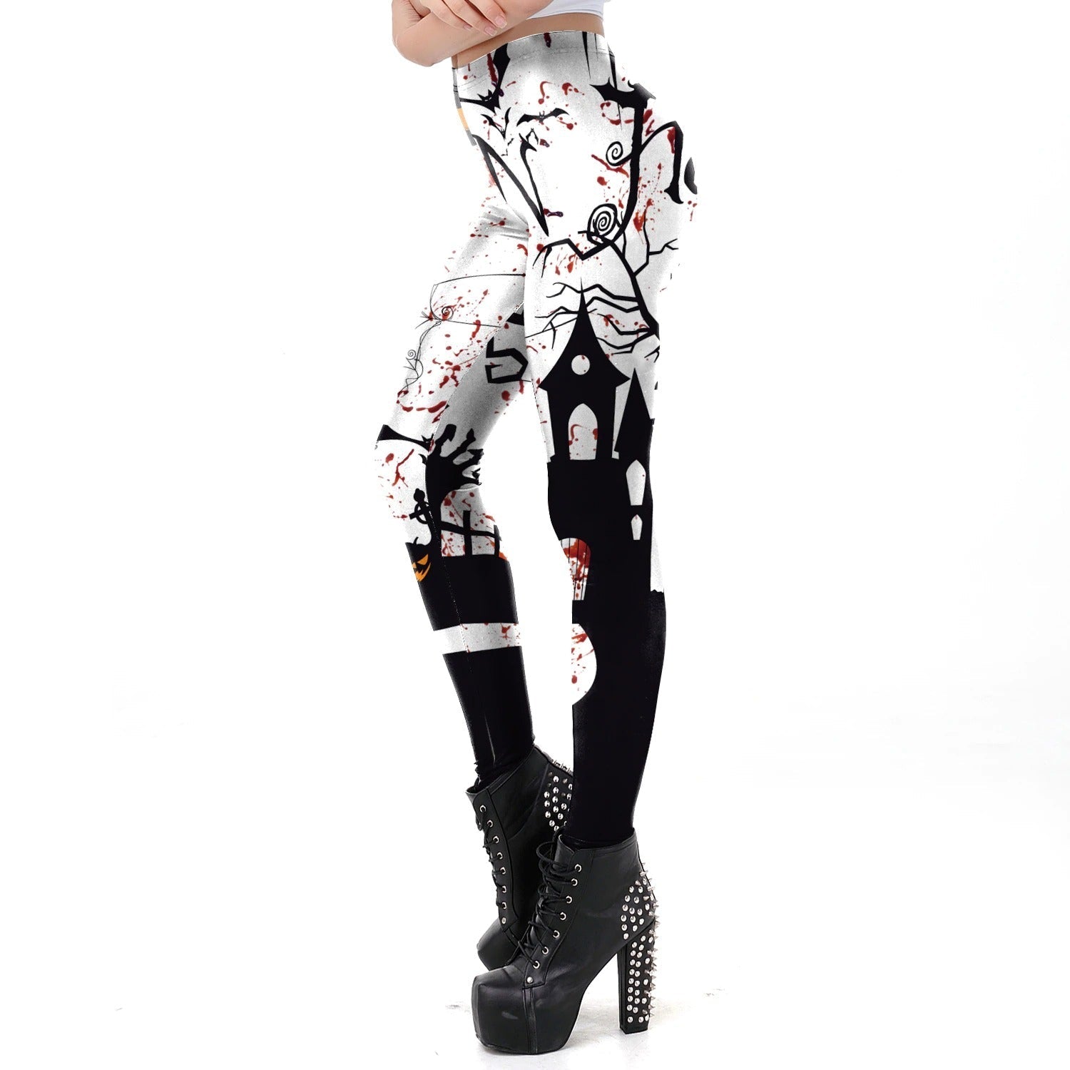 Halloween-themed women leggings with gothic designs, perfect for sexy workouts and autumn fashion.