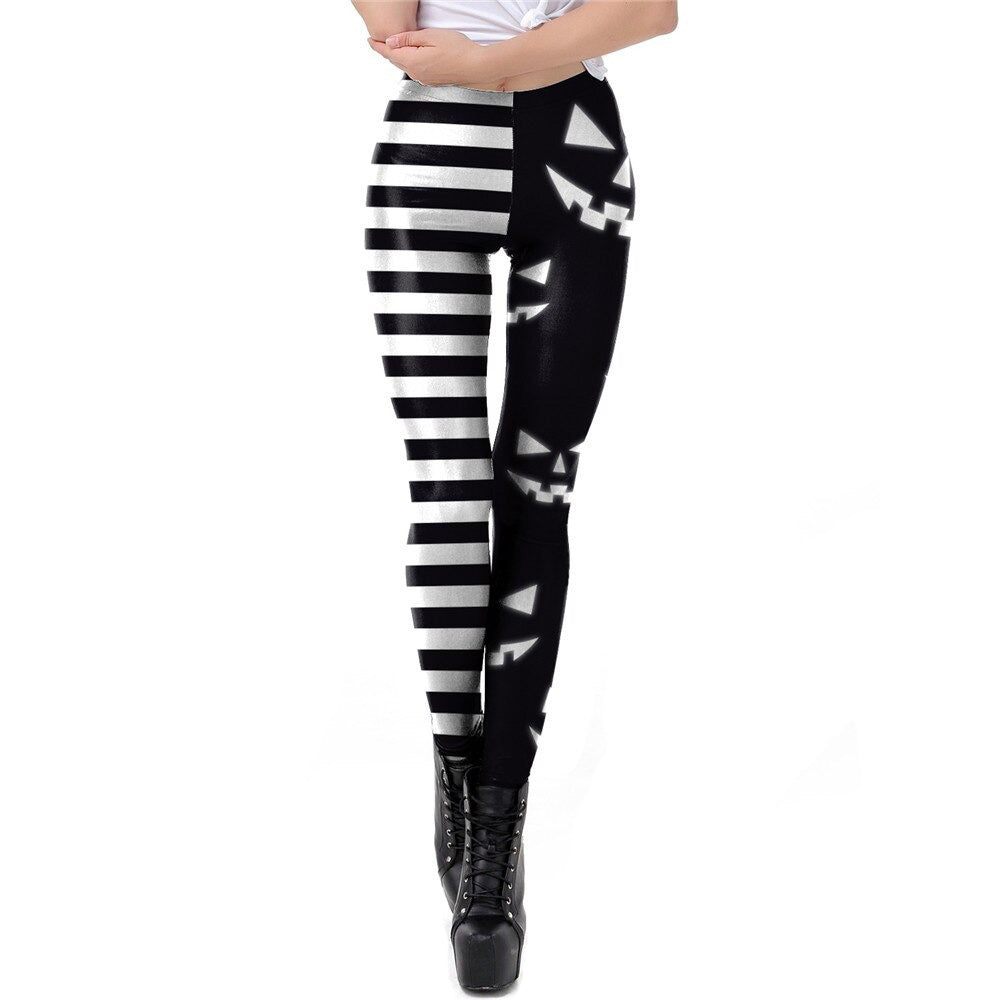 Classic women's Halloween leggings with stripe and pumpkin face design, perfect for autumn workouts.