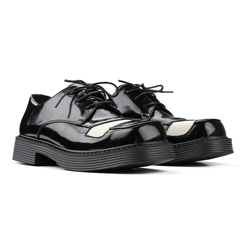 Classic black and white square toe Derby shoes for men, stylish retro lace-up design for a classy look.