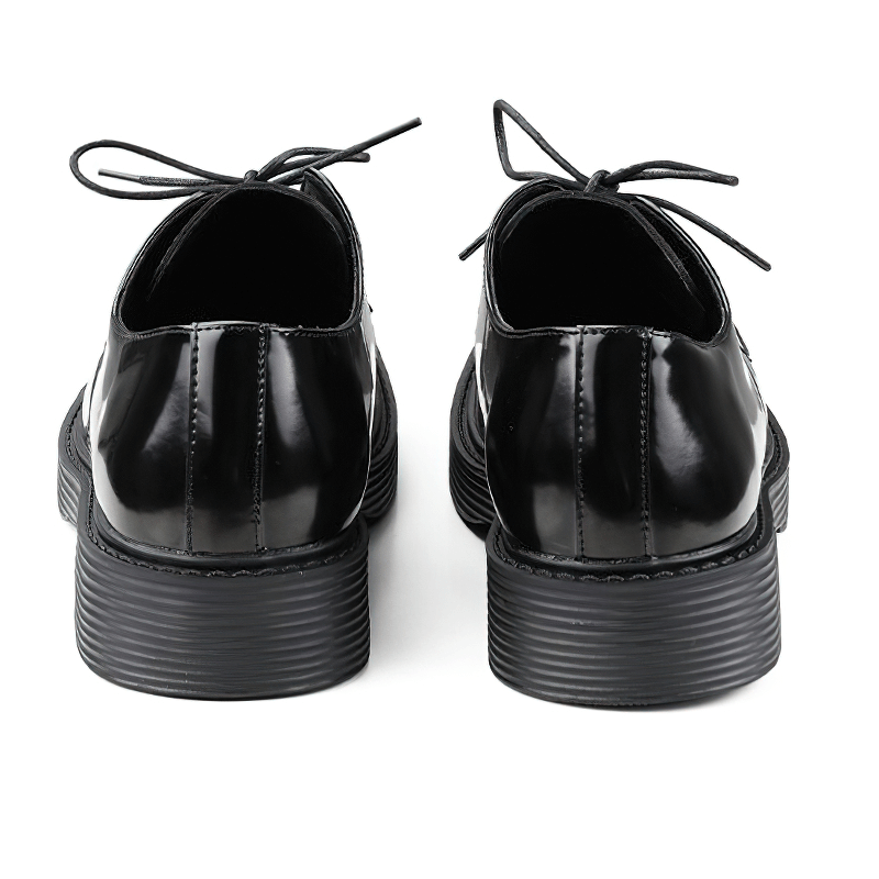 Back view of men's black and white retro Derby shoes with a square toe, showcasing quality craftsmanship and lace-up design.