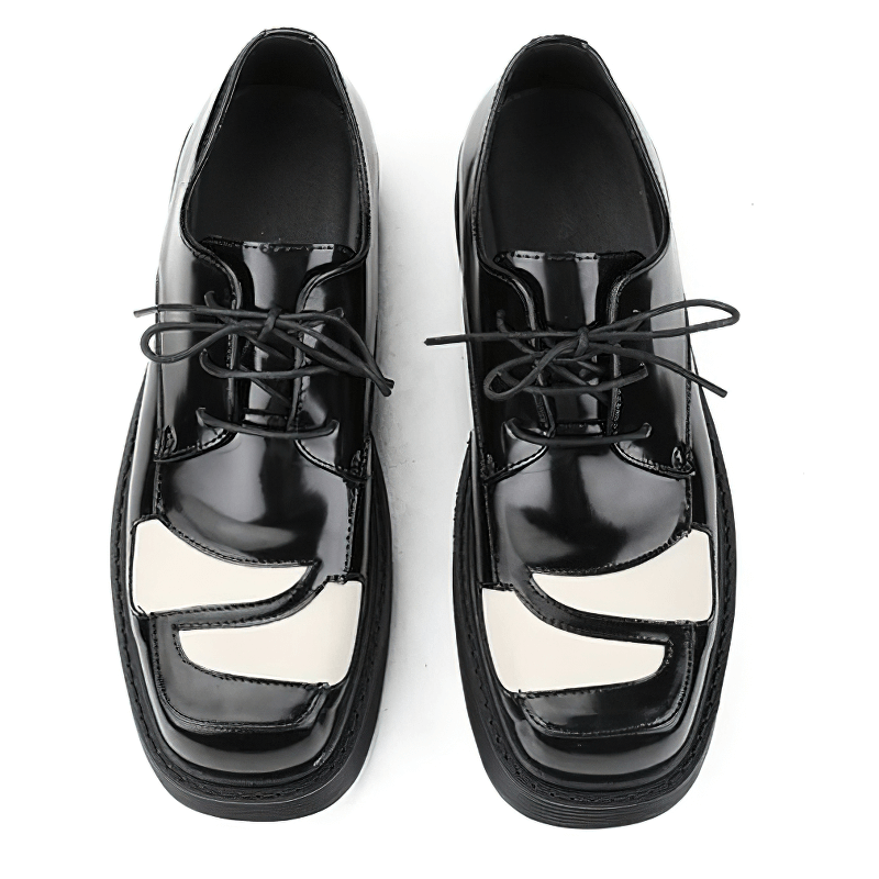 Stylish black and white square toe Derby shoes for men featuring retro lace-up design.