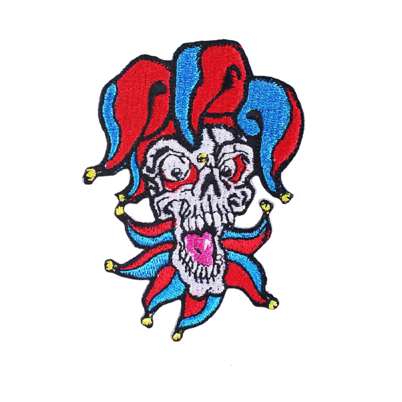 Clown style skull patch with vibrant red and blue colors, perfect for gothic and alternative fashion lovers.