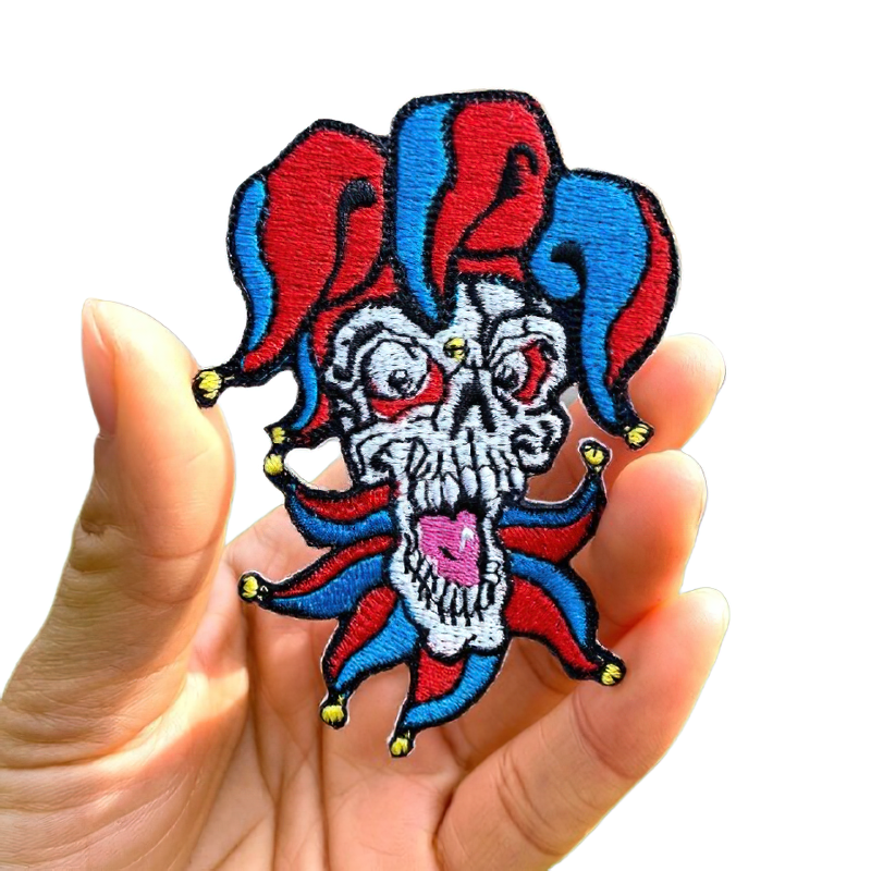 Unisex clown style skull patch, colorful embroidered design, perfect for alternative fashion outfits.