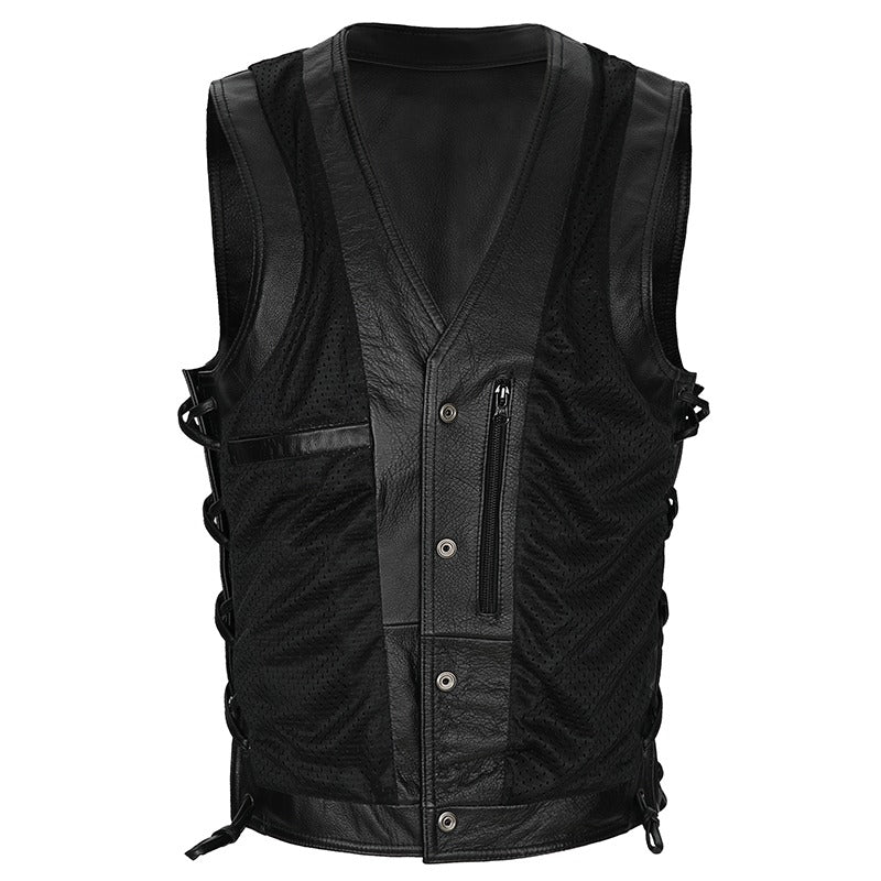 Collarless Men's Genuine Leather Vest With Chains / Black Biker Rock Vest With Laced-Up Side - HARD'N'HEAVY