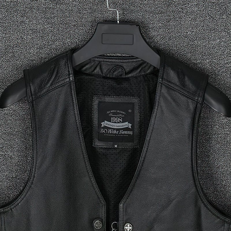 Collarless Men's Genuine Leather Vest With Chains / Black Biker Rock Vest With Laced-Up Side - HARD'N'HEAVY