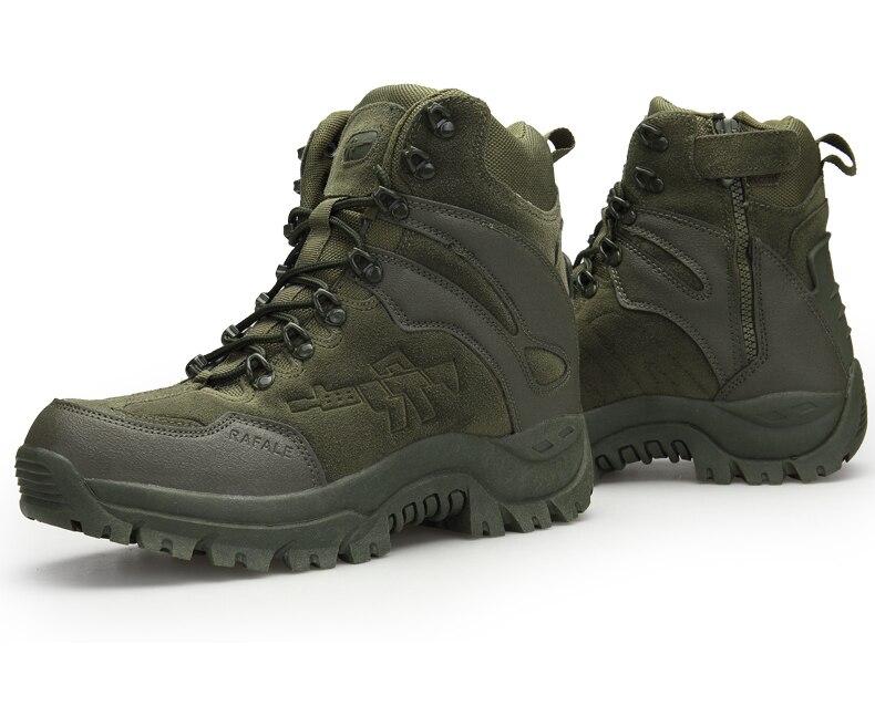 Men's tactical military boots in olive green, designed for comfort and safety in winter conditions.