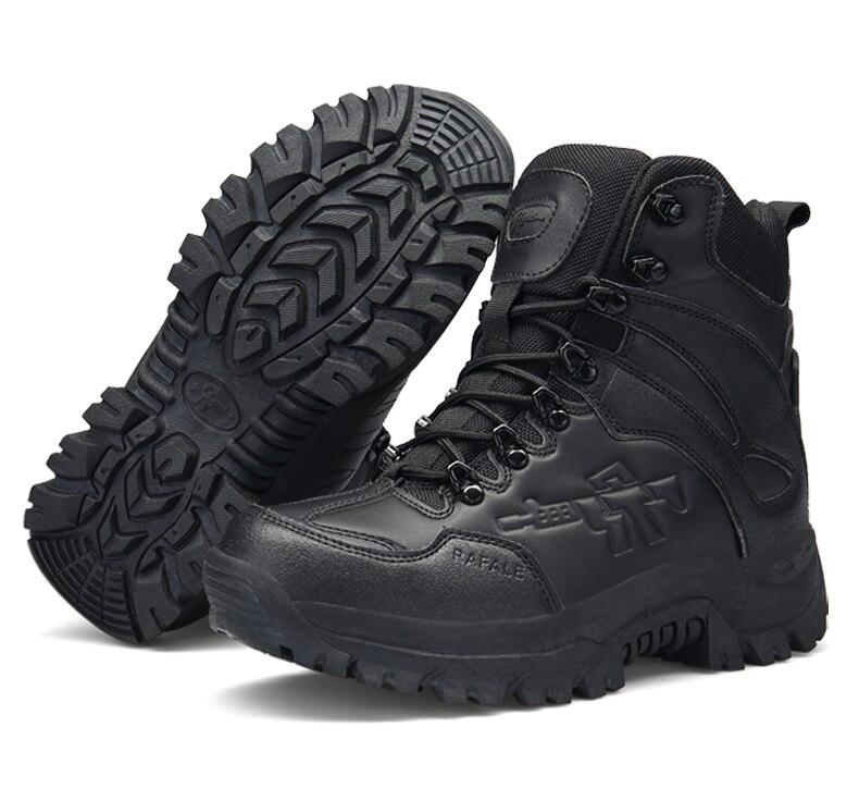 Men's tactical military combat boots, black mid-calf footwear with rugged sole, perfect for safety and alternative fashion.