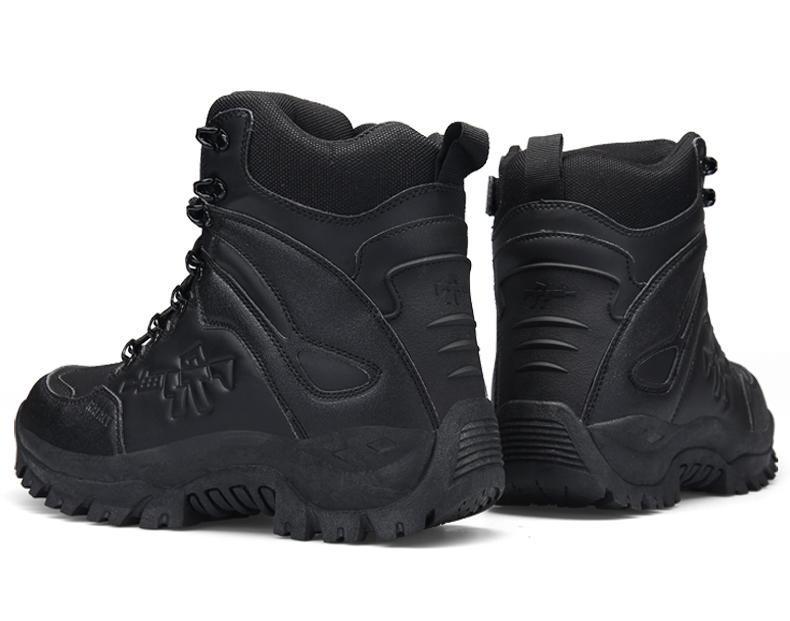 Black mid-calf tactical military boots for men, designed for safety and comfort in winter conditions.