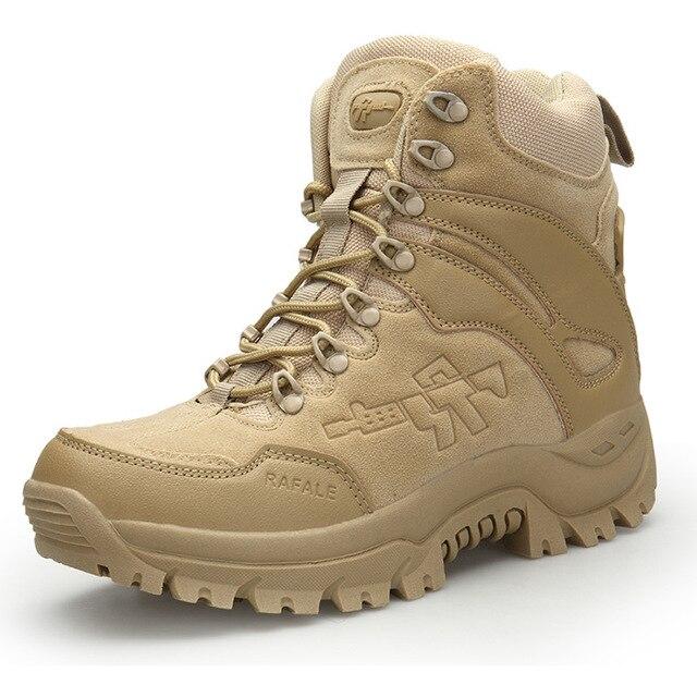 Men's tactical military boots in tan, designed for comfort and safety in alternative fashion.