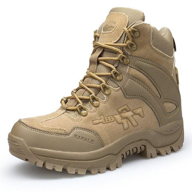 Men's tactical military boots in tan with rubber outsole, ideal for winter adventures and alternative fashion.