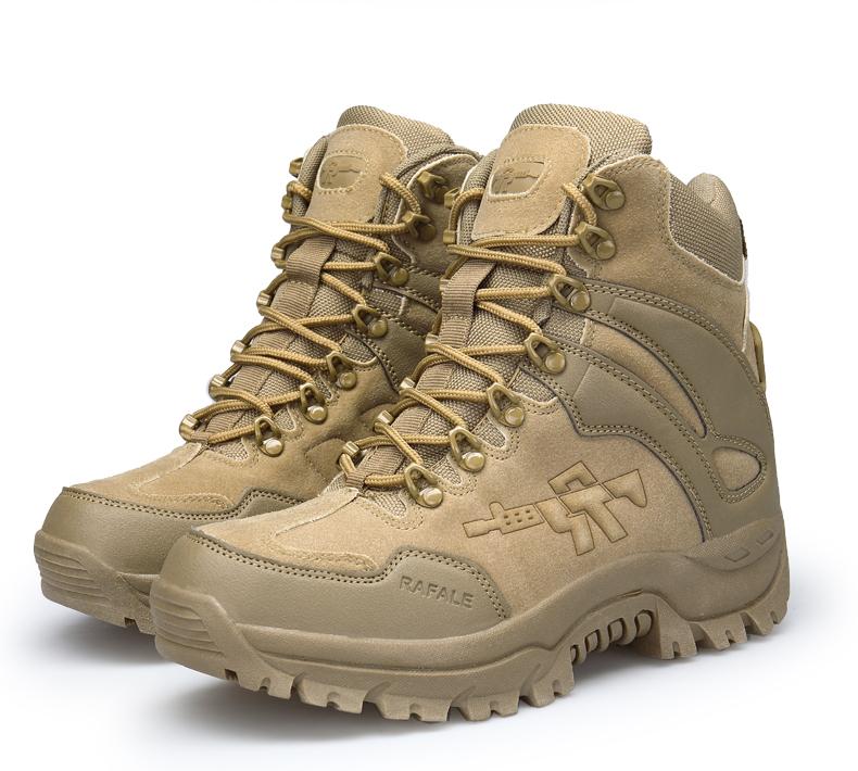 Men's tactical military boots in khaki, ideal for winter weather and alternative fashion.