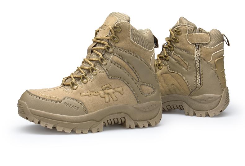 Men's tactical military boots in tan, featuring rubber outsole and secure lace-up design for ultimate comfort and safety.