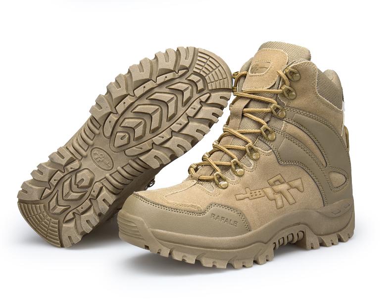 Men's tactical military combat boots in tan with rugged outsole for safety and comfort in winter weather.