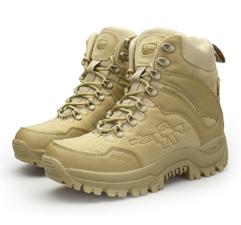 Beige tactical military boots for men, designed for safety and comfort in various terrains.